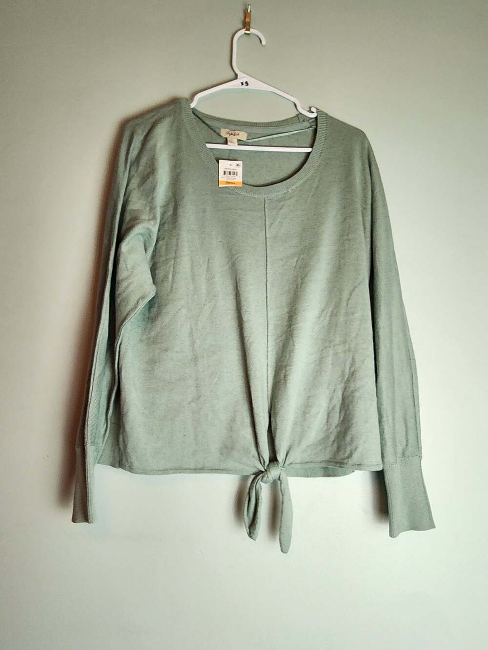 Cottagecore Soft Girl Style & Co Womens Green Knit Long Sleeve Tie Front Top